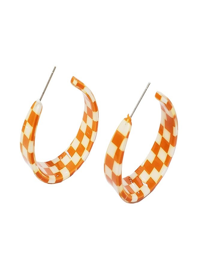 POYAMUSE Chic Checkerboard Acrylic Hoop Earrings - Trendy Plaid Earrings - Elegance with a Modern Twist-orange white - Image 5